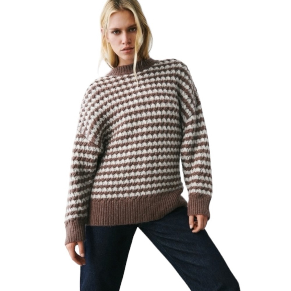 ZARA Brown and White Striped Oversized Slouchy Cozy Crewneck Knit Sweater Large - Picture 4 of 15